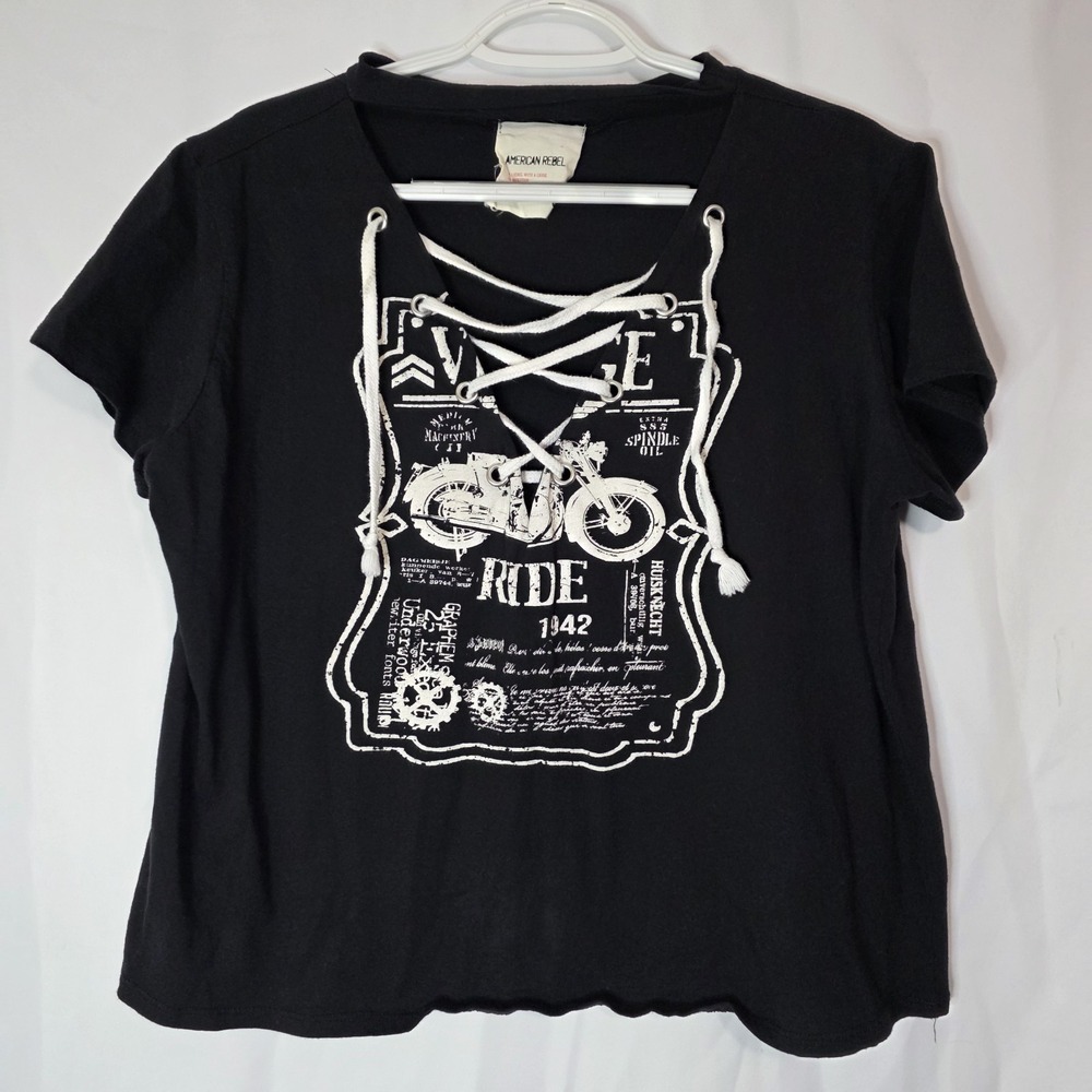 American Rebel Lace Up Graphic‎ Tee Motorcycle Biker Moto Grunge Womens XL